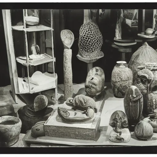 Image similar to An offset photography of an object on display, three colors, anthropology of wonder, ((exotic artifacts)), bauhause, (tropicalism), colonial expedition, exhibition, 60s style