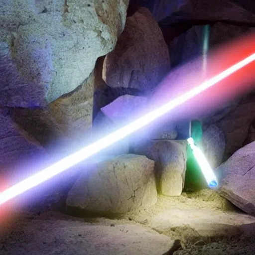 Prompt: an undiscovered lightsaber stuck between two stones with a glowing aura of the force