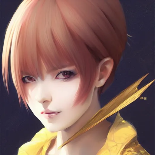 Image similar to portrait of anime pixie character with gold crown hair, manga cover, highly detailed, digital painting, artstation, concept art, sharp focus, illustration, strong brush stroke, anime, sharp edges, coherent, art by greg rutkowski, ilya kuvshinov, sharp focus, ghibli studio, art by ilya kuvshinov, rossdraws