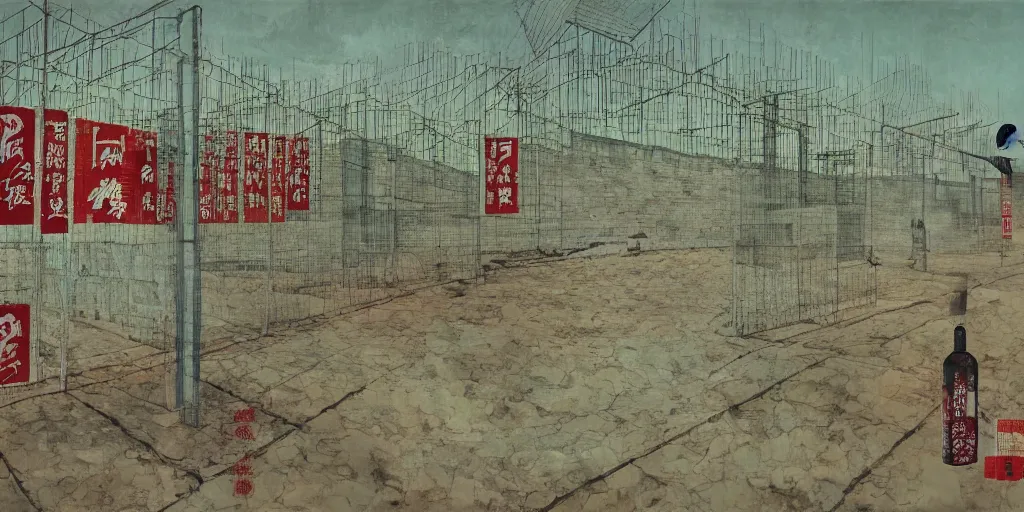 Image similar to a chinese prison near a river by peter doig, overlaid with chinese adverts