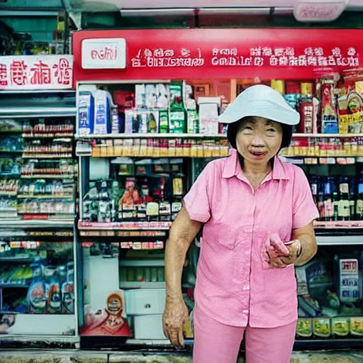 Image similar to a middle - aged woman working at an old convenience store in singapore, award - winning photography