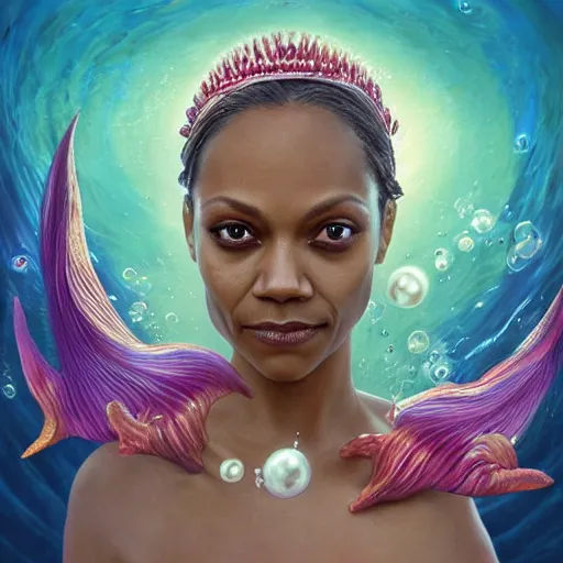 Image similar to zoe saldana portrait, fantasy, mermaid, hyperrealistic, game character, underwater, highly detailed, sharp focus, cinematic lighting, pearls, glowing hair, shells, gills, crown, water, highlights, starfish, jewelry, realistic, digital art, pastel, magic, fiction, ocean, king, colorful hair, sparkly eyes, fish, heroic, goddess, waves, bubbles, queen