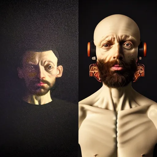 Image similar to Colour Caravaggio and Leonardo da Vinci style full body portrait Photography of Highly detailed Man with 1000 years old perfect face wearing highly detailed retrofuturistic VR headset designed by Josan Gonzalez. Many details In style of Josan Gonzalez and Mike Winkelmann and andgreg rutkowski and alphonse muchaand and Caspar David Friedrich and Stephen Hickman and James Gurney and Hiromasa Ogura. Rendered in Blender and Octane Render volumetric natural light