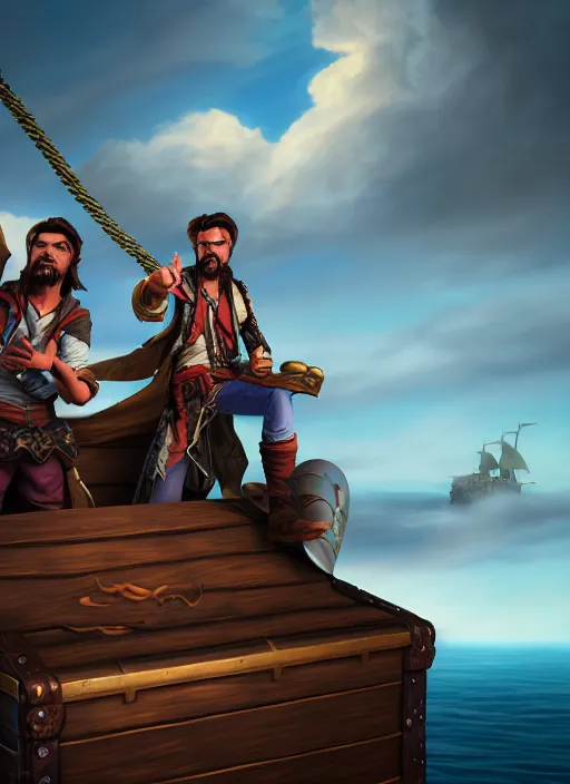 Image similar to an epic fantasy comic book style portrait painting of two bumbling idiot sky - pirates on the deck of a skyship looking at a chest, unreal 5, daz, hyperrealistic, octane render, cosplay, rpg portrait, dynamic lighting