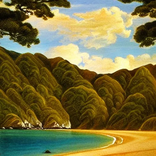 Prompt: golden bay abel tasman new zealand, rococo art style, highly detailed