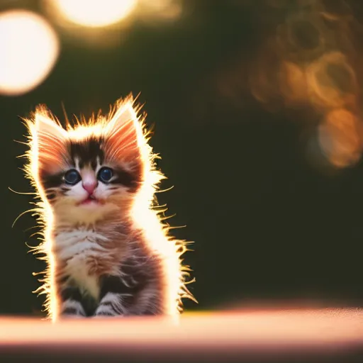 Image similar to an adorable smol fluffy kitten at golden hour, bokeh,