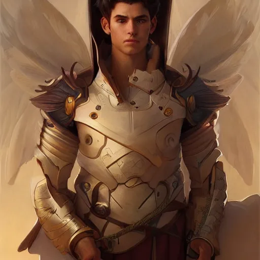 Prompt: Three quarters portrait of a male angelic paladin, highly detailed, digital painting, art by Stanley Lau and Artgerm and Greg Rutkowski and Alphonse Mucha, artstation, octane render, cgsociety