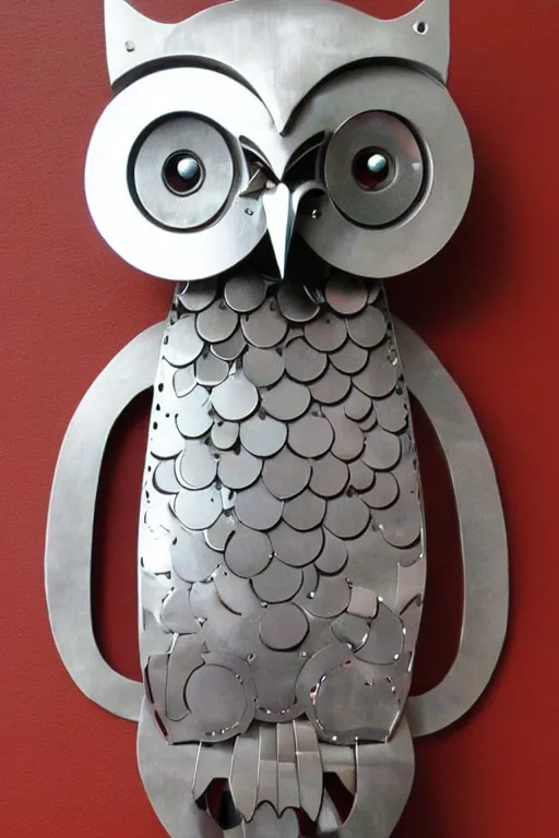 Prompt: picture of an mechanical owl, she is made from stainless steel and leathwr