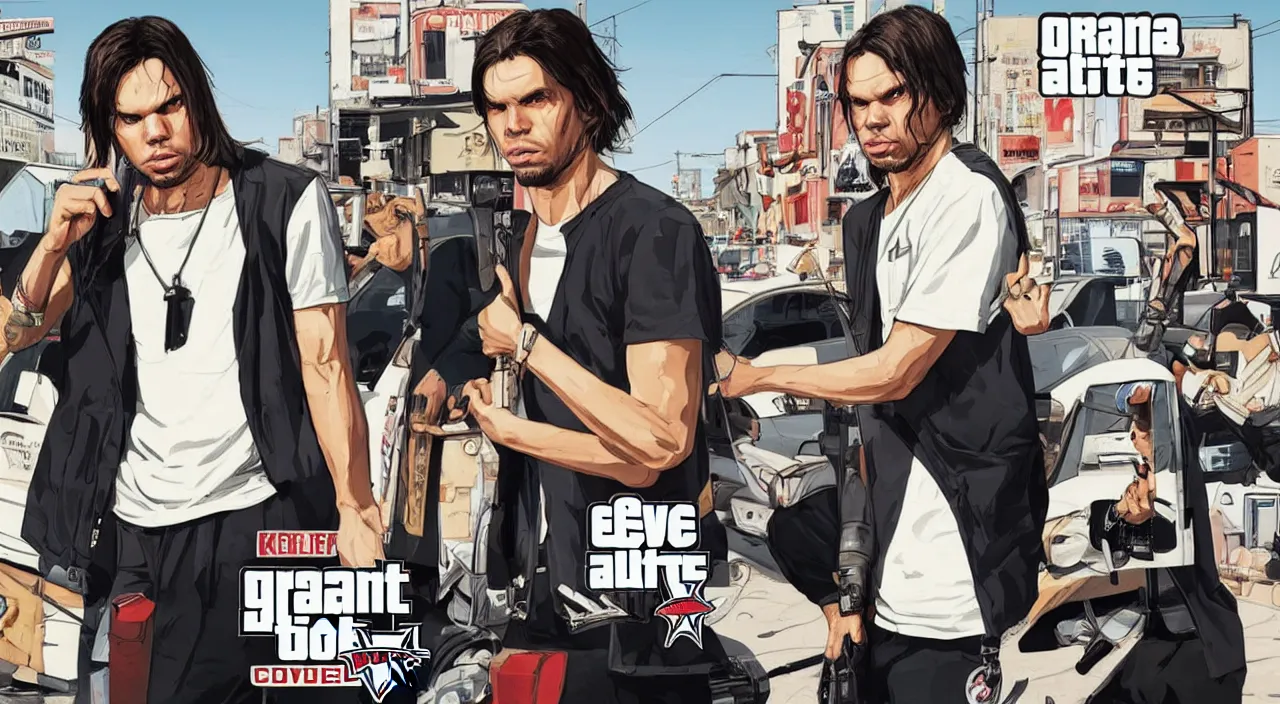 Image similar to Orelsan in a GTA V cover art, posing solo, symmetrical face