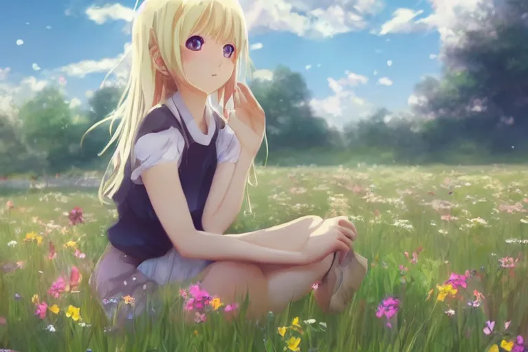 Image similar to beautiful anime blonde girl sitting in a field full of flowers, highly detailed, realistic, dynamic lighting, cinematic, masterpiece, trending on artstation, in the style of studio Ghibli