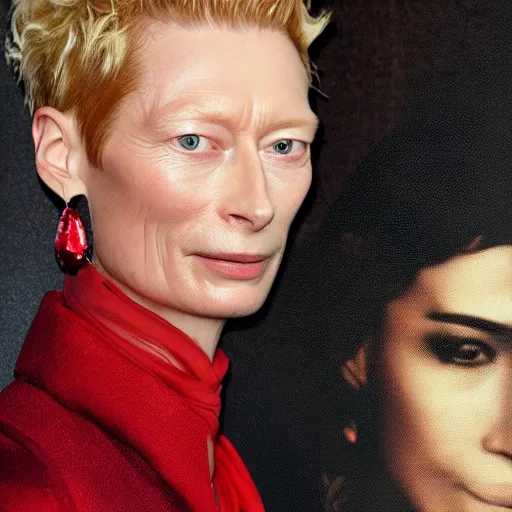 Image similar to close up portrait of tilda swinton wearing a red blazer and ruby earrings, vivid eyes, photorealistic