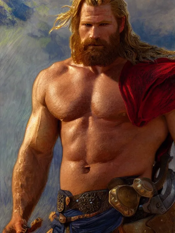 Image similar to painted portrait of rugged thor, god of thunder, norse god, red hair, masculine, mature, handsome, upper body, red and gold, muscular, hairy torso, fantasy, intricate, muscular, elegant, highly detailed, digital painting, artstation, concept art, smooth, sharp focus, illustration, art by gaston bussiere and alphonse mucha