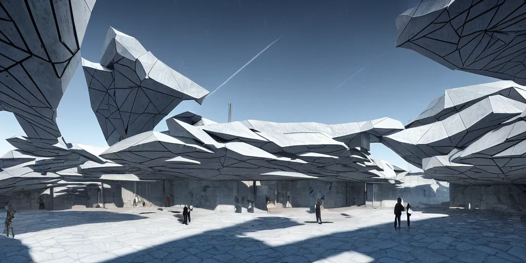 Prompt: faceted roof planes lift and descend creating shade and architectural expression, highly detailed, cyberpunk, situated in a snowy desert, vivid colors, lush vegetation