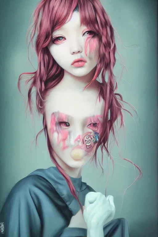 Image similar to pop surrealism, lowbrowart, realistic cute girl painting, hyper realism, japanese street fashion, muted colors