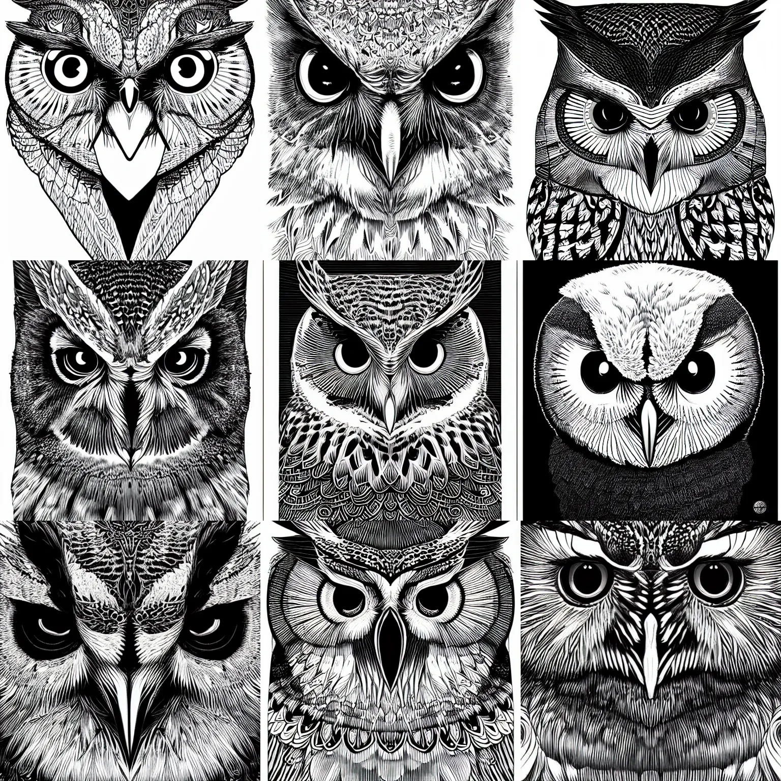 Image similar to black and white illustration head of a owl, super detailed, by dan mumford, by adams ansel, high contrast, monochromatic