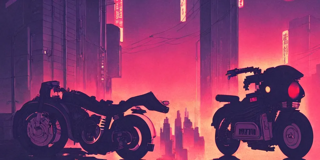 Image similar to twilight lighting, moody, atmospheric, solarpunk, kaneda and his motorcycle from akira, rainy, in the art style of neon genesis : evangelion, 8 0 s anime style, by ghibli studio and victor ngai, ghost in the shell art style, akira artstyle, pixar highly detailed, 8 k h 5 7 6