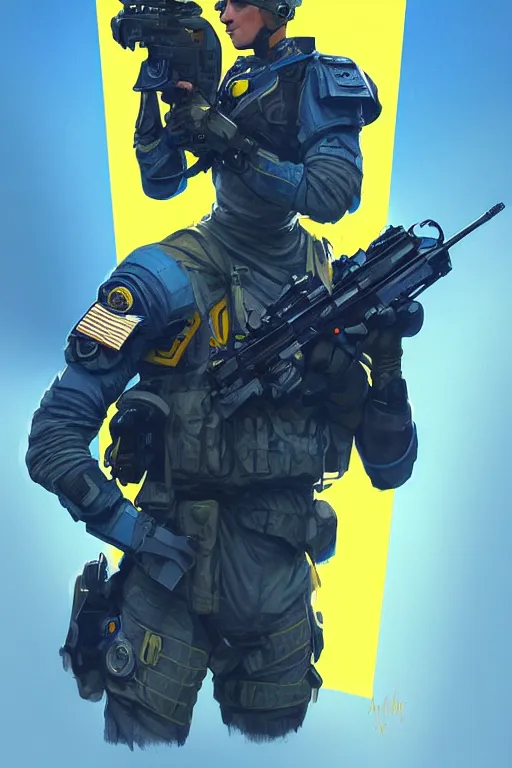 Image similar to a special forces unit soldier modern technology, blue and yellow shoulder patch, realistic portrait full body, symmetrical, highly detailed, digital painting, artstation, concept art, smooth, sharp focus, illustration, cinematic lighting, art by artgerm and greg rutkowski and alphonse mucha