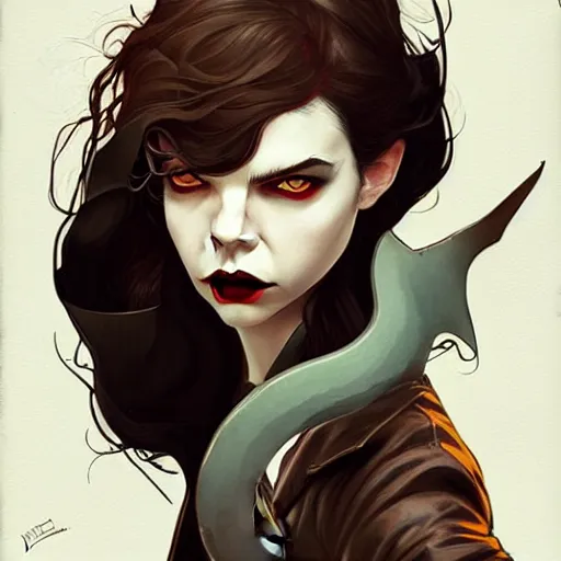 Prompt: rafael albuquerque comic art, art nouveau, peter mohrbacher, pretty female anya taylor - joy vampire sharp vampire teeth open mouth, symmetrical eyes and face, brown leather jacket, jeans, long black hair, full body