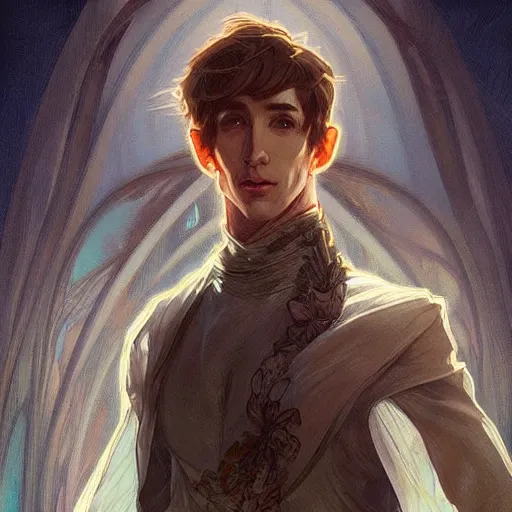 Image similar to digital character concept art by artgerm and greg rutkowski and alphonse mucha. clear portrait of a male half elf bard with light brown hair, light effect. hyper detailed, glowing lights!! intricate, elegant, digital painting, artstation, smooth, sharp focus