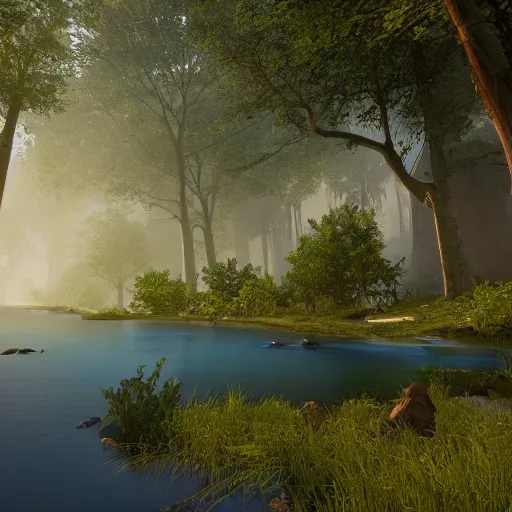 Image similar to nicest scenary on earth, filled with trees, rivers and mountains, unreal engine, photorealistic, ultra - detailed, 4 k high resolution, hdr shot