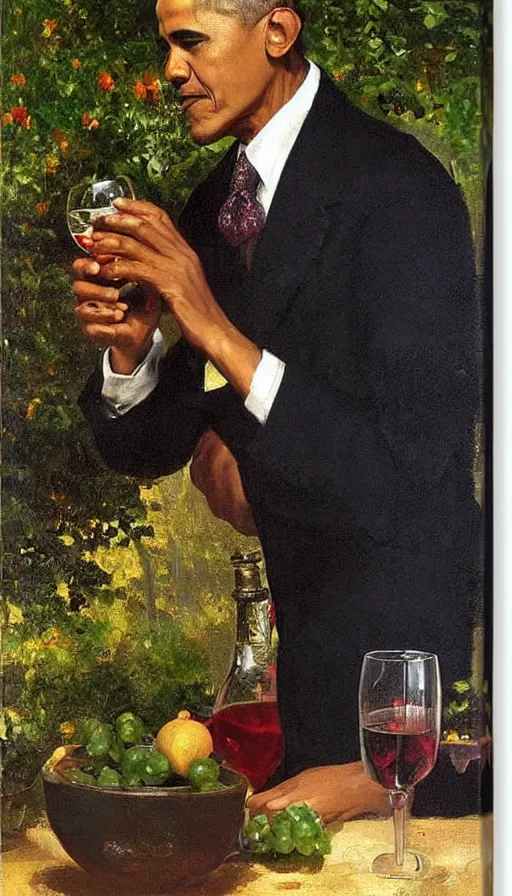 Prompt: still life painting of Obama drinking wine in a garden by Peder Krøyer, golden hour, dramatic lighting, intricate detail, canvas print