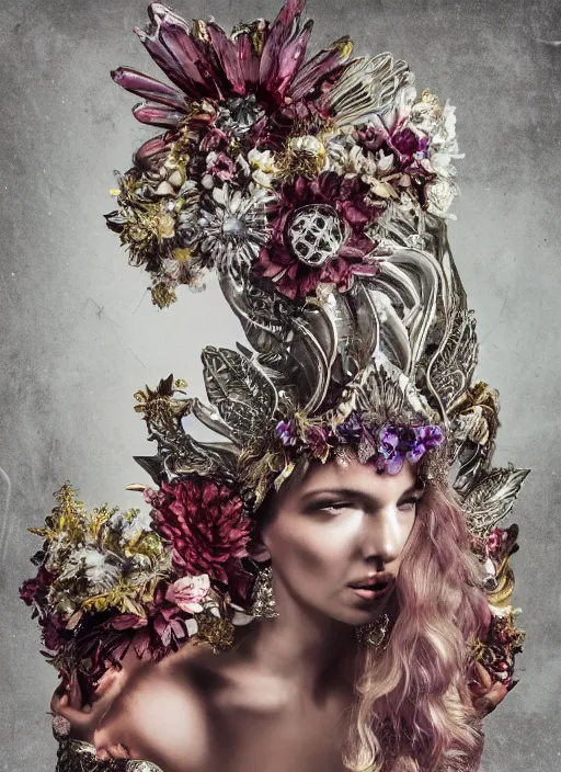 Prompt: full body environmental portrait photo of a goddess as angel, ornate headpiece made from flowers, ornaments, glamour shot by gemmy woud - binnendijk, chris knight, stefan gesell, photorealistic, canon r 3, fashion photography, ornate, elegant, luxury and elite, symmetrical features, octane render, unreal engine, solid dark grey background, dramatic lights