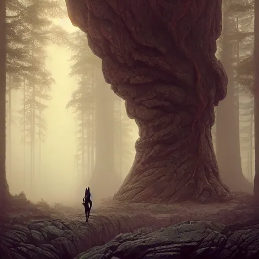 Prompt: stone humanoid colossus by grzegorz rutkowski and richard wright and peter mohrbacher and dan scott, atmospheric haze, stormy, redwood forest, gigantic trees, tiny woman in cloak in foreground silhouette, large scale