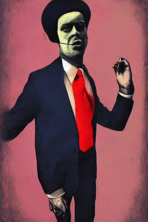 Prompt: a painting of a man wearing a suit and tie, a digital painting by Vladimir Tretchikoff, trending on Artstation, computer art, anaglyph filter, anaglyph effect, vaporwave