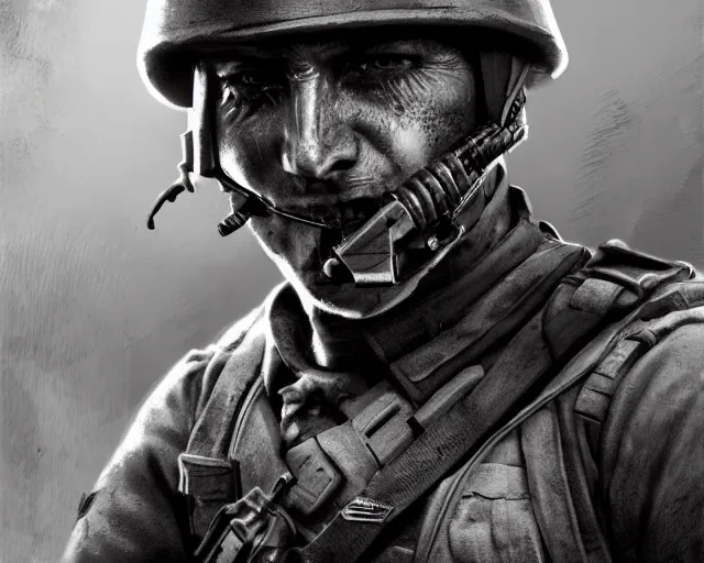 Prompt: A soldier with a hateful face aiming a machine gun towards a cat, world war 1, close-up, realistic face, beautiful face detail, mature facial features, black and white, amazing digital art, hyper detailed, artstation, in the style of Tony Sart