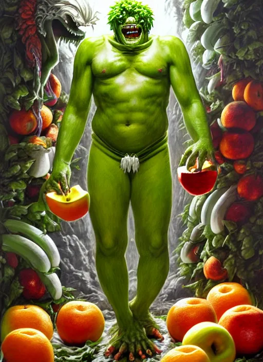 Image similar to full body shot of a monster man in a white toga, green skin, dressed in all white, clothes covered in different fruit, apples, oranges, bananas, intricate, highly detailed, concept art, hyperrealistic, oil painting by greg staples and tristan eaton, 8 k