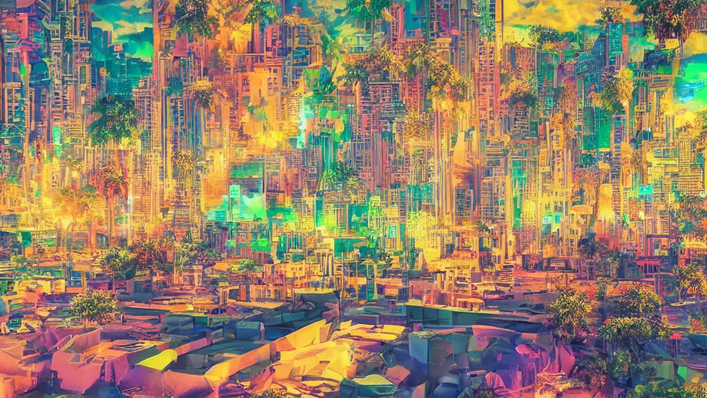 Image similar to golden city in a vaporwave jungle, 4k, ultra realistic, colorful, award winning photograph