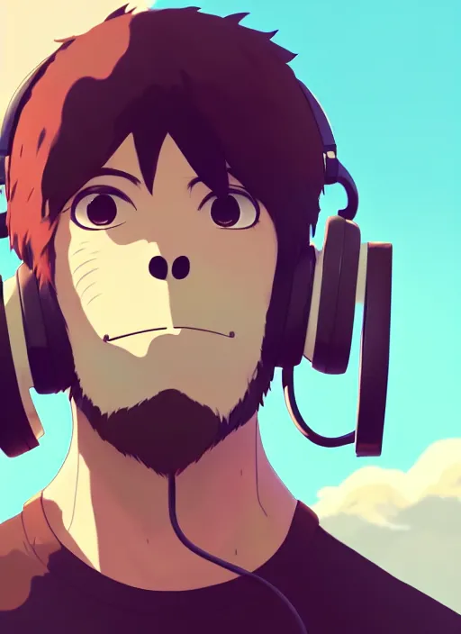 Image similar to portrait of gorilla, sunny sky background, lush landscape, illustration concept art anime key visual trending pixiv fanbox by wlop and greg rutkowski and makoto shinkai and studio ghibli and kyoto animation, symmetrical facial features, black t shit, red headphones, ripped jeans, backlit, aerodynamic frame, gta 5