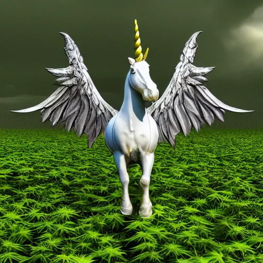 Image similar to a unicorn with wings standing in a field of marijuana eating the leaves, photography, 8 k, highly detailed, ultra realistic, path traced