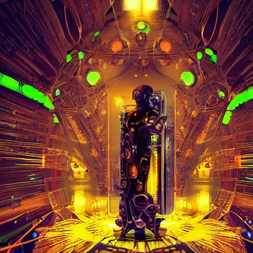 Image similar to symmetry!! a cyberpunk dogon priest opening a steampunk neon portal in the solarpunk village, alien cold fusion time machine, by machina infinitum and android jones, surreal psychedelic portrait style, dim lit, rim light, intricate and detailed environment, radiant lighting, fractal with infinite intricacy background, rendered in octane,