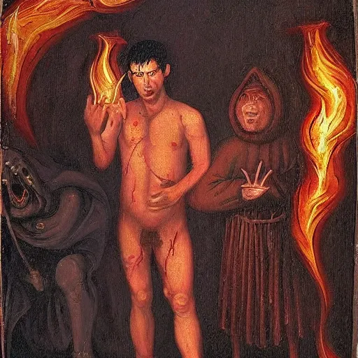 Prompt: nathan fielder walking around hell!!! holding a notepad, dante's inferno!!! medieval painting, oil painting