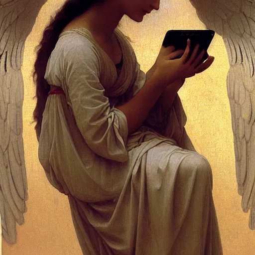 Prompt: an oil painting of an angel talking with an iPhone, by Bouguereau, highly realistic and intricate