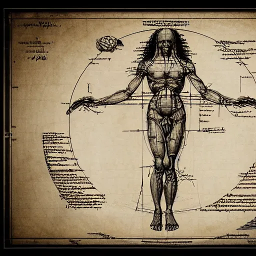 Prompt: da vinci's vitruvian predator, schematics predator from the movie proportions on a circle, blueprint, hyperdetailed vector technical documents, callouts, archviz, legend, patent registry