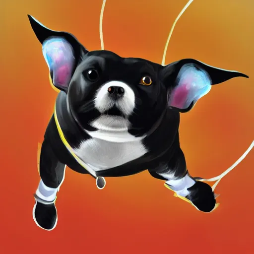 Image similar to digital painting depicting a flying cute planedog