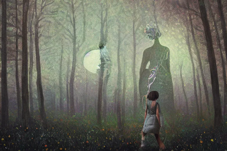 Prompt: giant daisies flowers head, girl walking in dark forest, surreal photography, dark night, stars, moon light, impressionist painting, clouds, digital painting, artstation, simon stalenhag