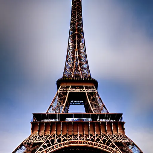 Image similar to eiffel tower constructed out of wood, beautiful, stunning, coherent, landscape photo, realistic