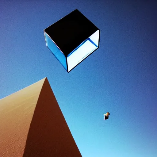 Prompt: a cube of space glass floating in the middle of an empty desert, blue sky, ominous, artgerm, breathtaking, smooth, award winning