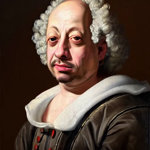 Image similar to A 17th century Baroque Painting of Gene Ween, grainy, realistic, hyperrealistic, very realistic, very very realistic, highly detailed, very detailed, extremely detailed, detailed, digital art, trending on artstation, detailed face, very detailed face, very detailed face, realism, HD Quality, 8k resolution, intricate details, body and head in frame, painting, oil painting, trending on deviantart, Baroque Painting