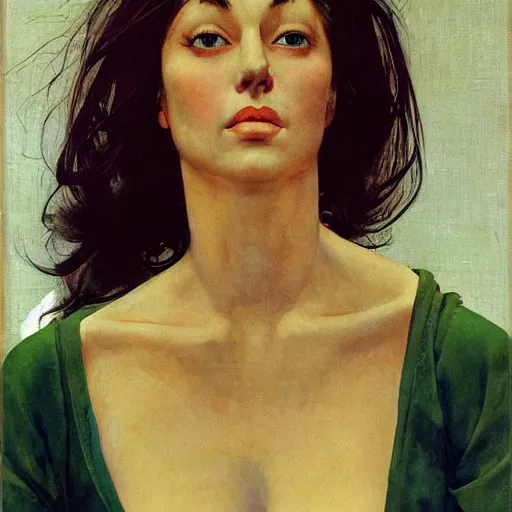 Image similar to A frontal portrait of a delicate, muscular and exhausted woman, by Robert McGinnis.