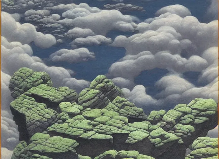 Image similar to rocky cliffs with a cloud lake, painting by mc escher, very detailed, illusion, surreal!!!, trending on artstation, beautiful color art