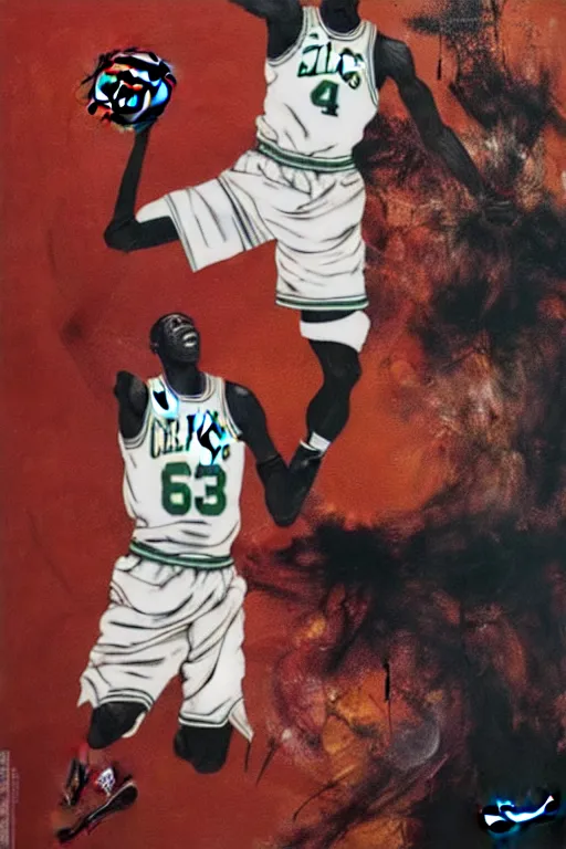 Prompt: nike advertisment with a black boston celtics basketballer making dunk, rich deep colours, painted by francis bacon, adrian ghenie, james jean and petra cortright, part by gerhard richter, part by takato yamamoto masterpiece