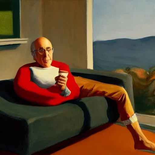 Prompt: larry david sitting on large bagel beanbag, edward hopper painting