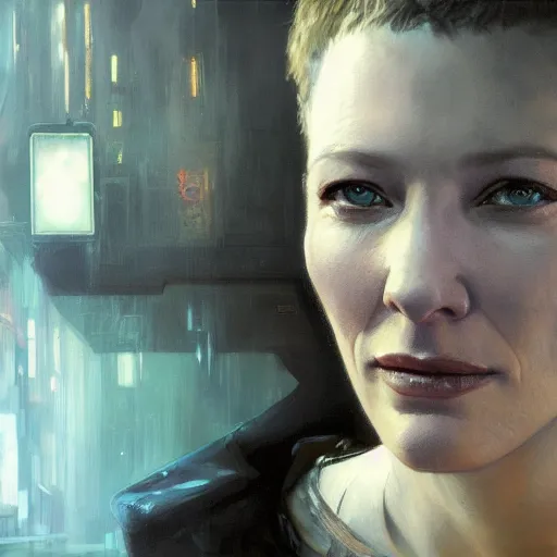 Image similar to cate blanchett, hyperrealistic portrait, bladerunner street, art of elysium by jeremy mann and alphonse mucha, fantasy art, photo realistic, dynamic lighting, artstation, poster, volumetric lighting, very detailed face, 4 k, award winning