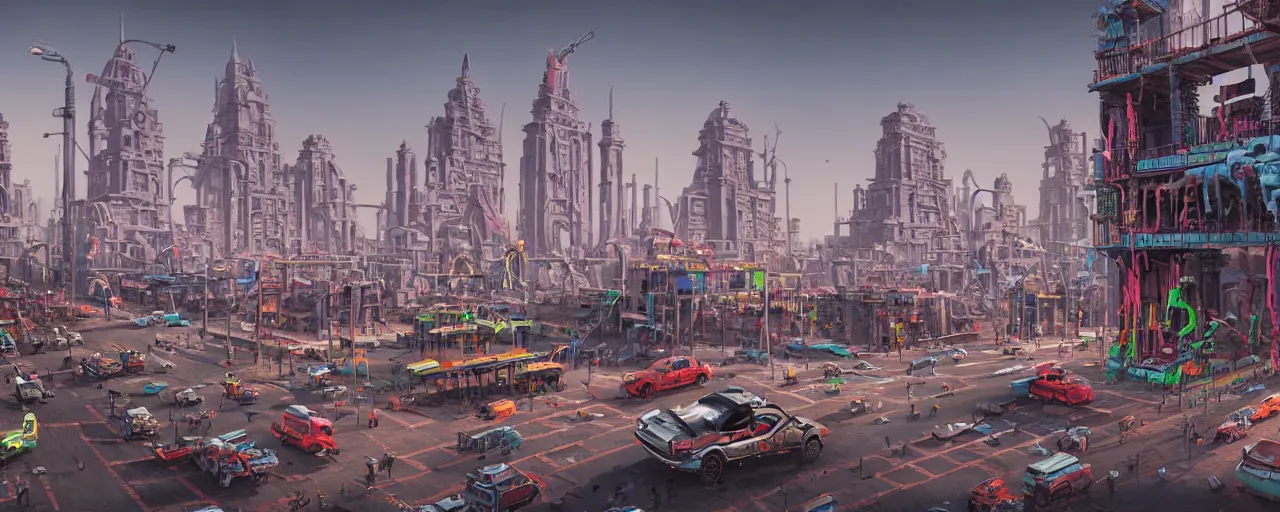 Image similar to hyperrealistic matte painting of aztec temples in a future environment with flying cars, mechanical features and neon, graffiti, scaffolding, smog, destruction by filip hodas, beeple, 4 k, trending on cgsociety
