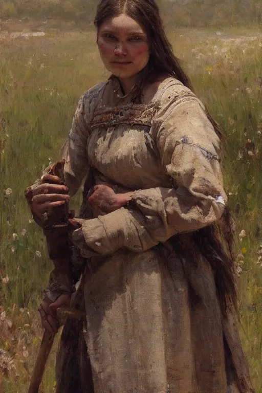 Image similar to Richard Schmid and Jeremy Lipking and Antonio Rotta full length portrait painting of a young beautiful traditonal viking woman