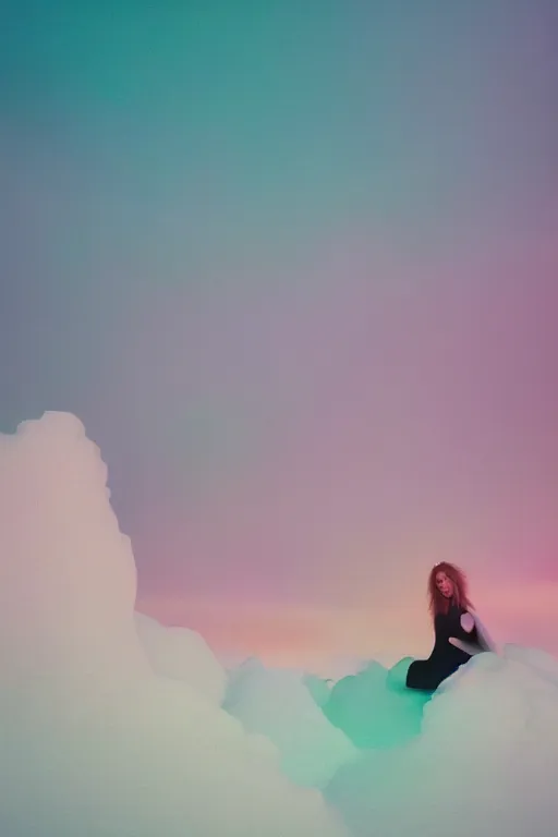 Image similar to high quality pastel coloured film close up wide angle photograph of a model wearing clothing resting on cloud furniture in a icelandic black rock!! environment in a partially haze filled dreamstate world. three point light, rainbow. photographic production. art directed. pastel colours. volumetric clouds. pastel gradient overlay. waves glitch artefacts. extreme facial clarity. 8 k. filmic.